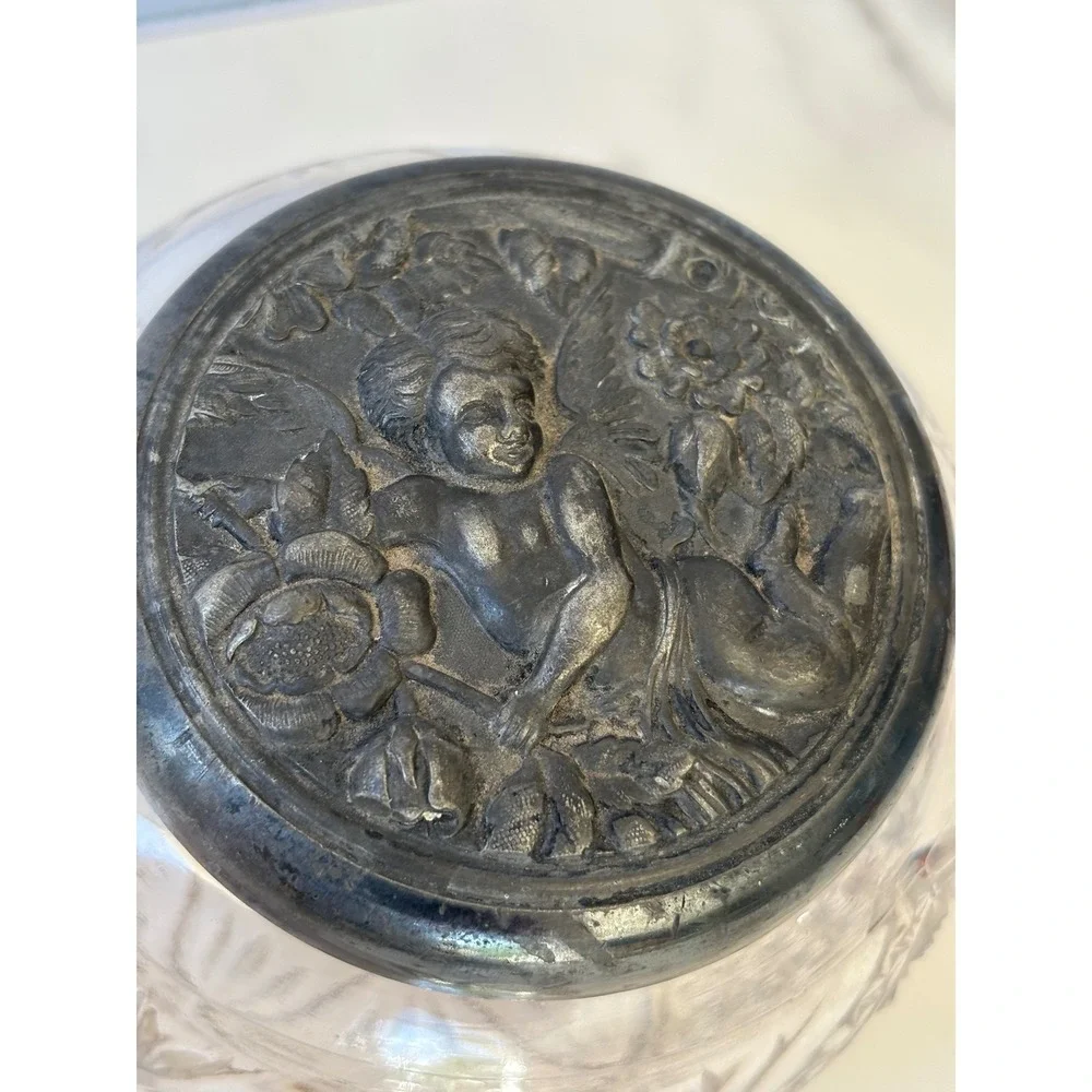 Vintage Cut Glass Powder Jar Cherub Repousse Metal Lid Vanity Trinket Bowl
